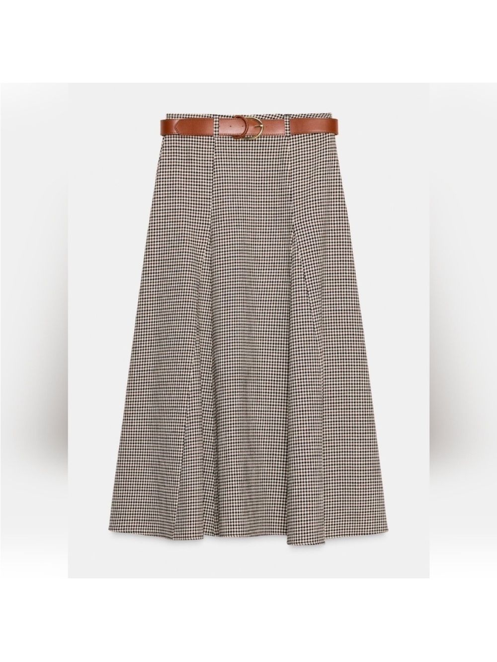 Zara Black & Cream Houndstooth A-Line Skirt with Tan Belt - Picture 1 of 5